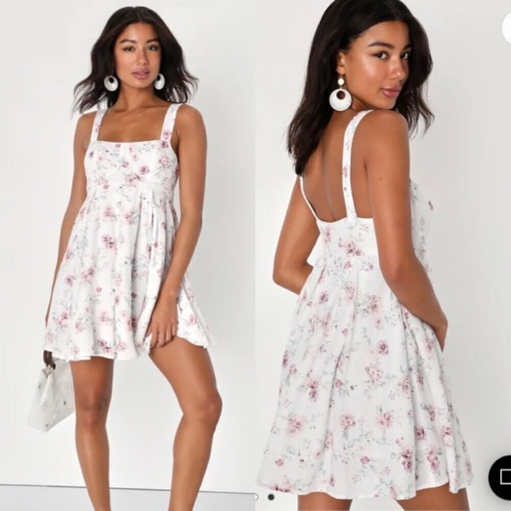 Lulus Flirty Blossom White Floral Print Sleeveless Babydoll‎ Dress View 2